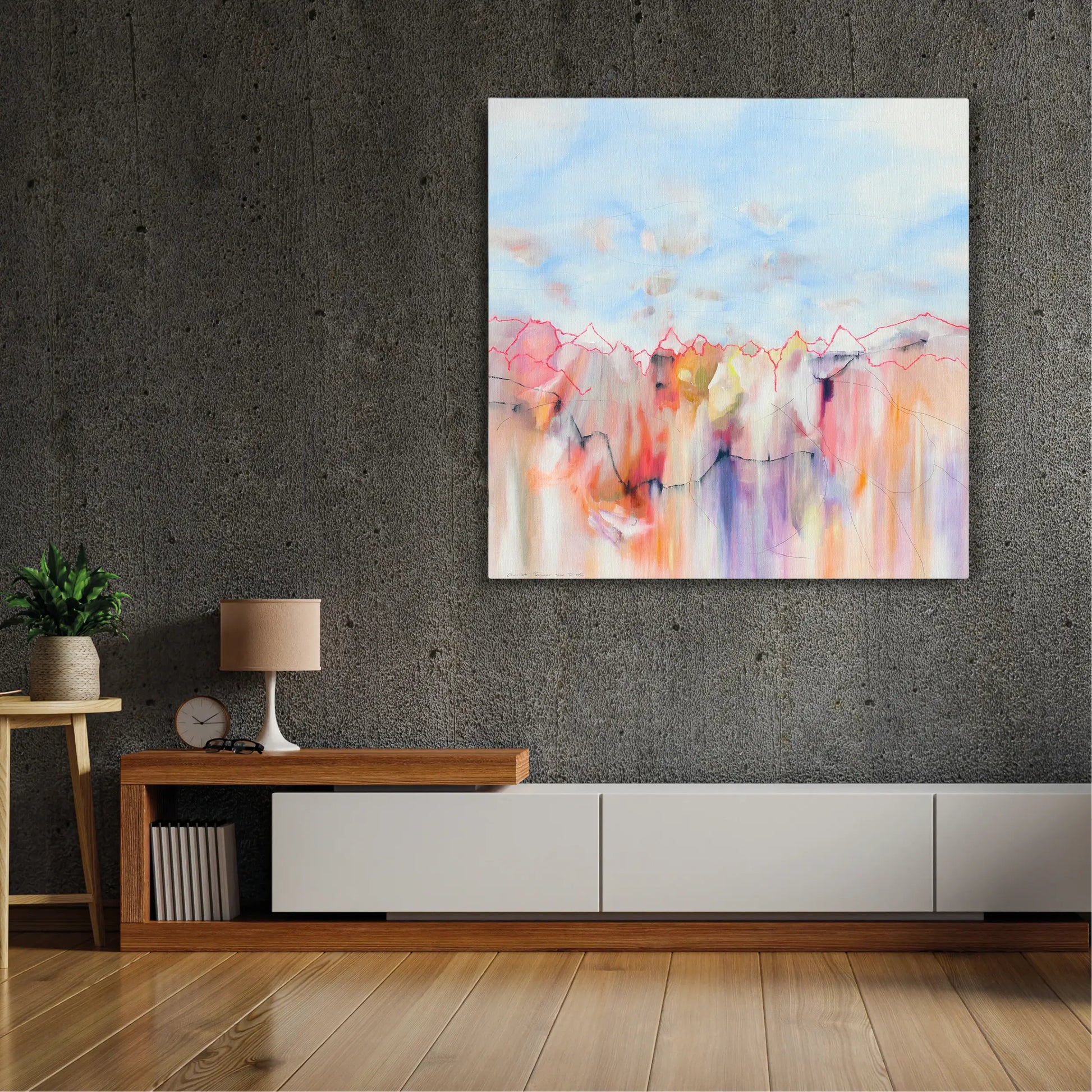 Modern abstract kunstwerk aan de muur in pastelkleuren, perfect voor stijlvolle interieurdecoratie