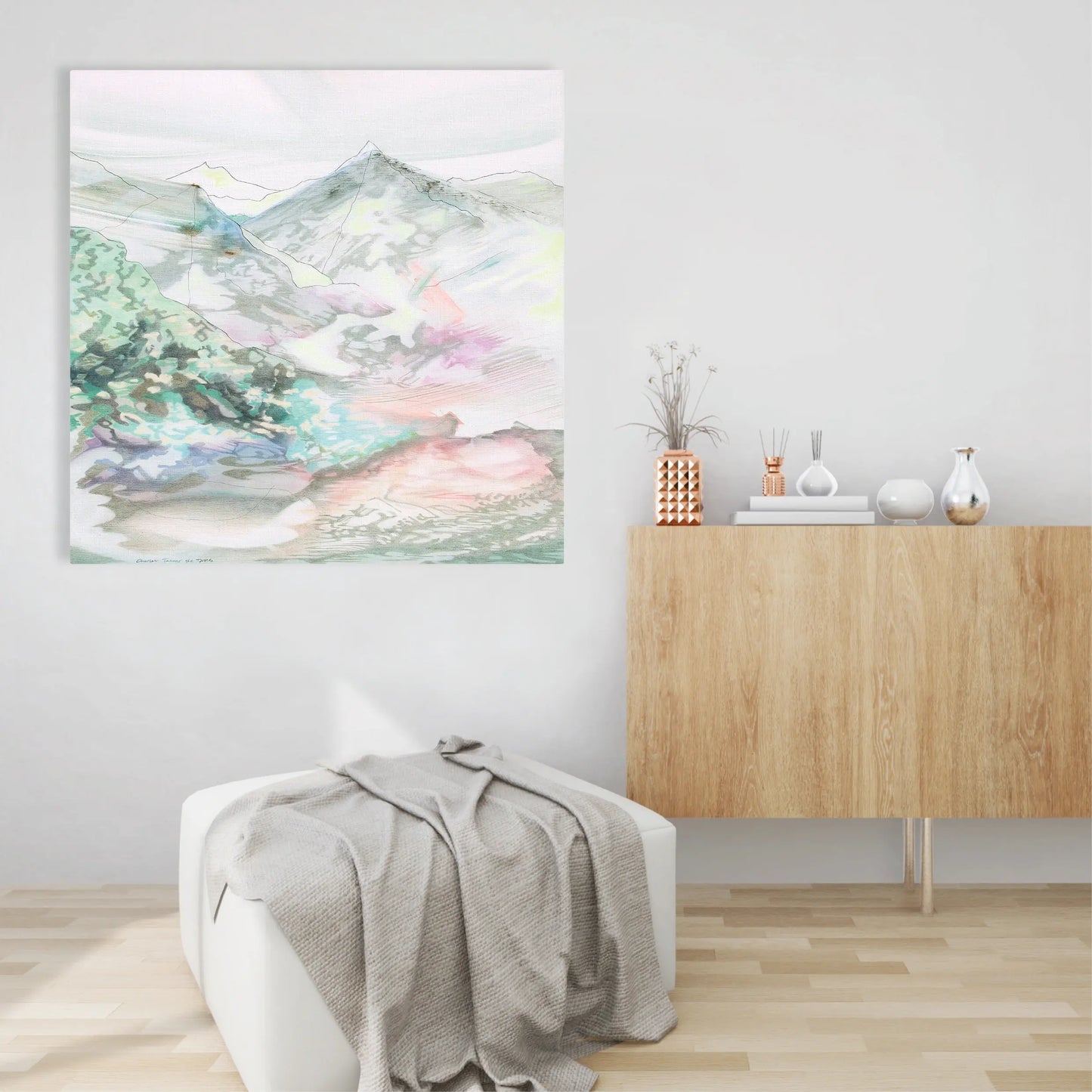 Origineel kunstwerk van Charlot Terhaar sive Droste met abstracte landschapsweergave in zachte kleuren