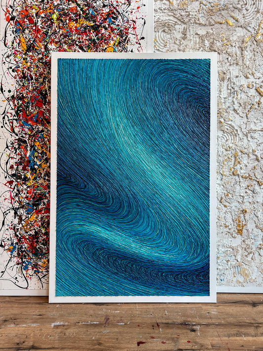 Blauw schilderij linnen op aluminium frame