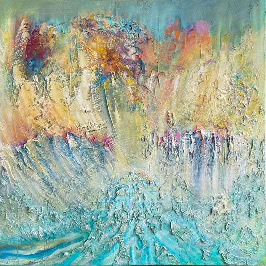 Abstract ijs fontein schilderij met levendige kleuren en textuur voor moderne interieurdecoratie