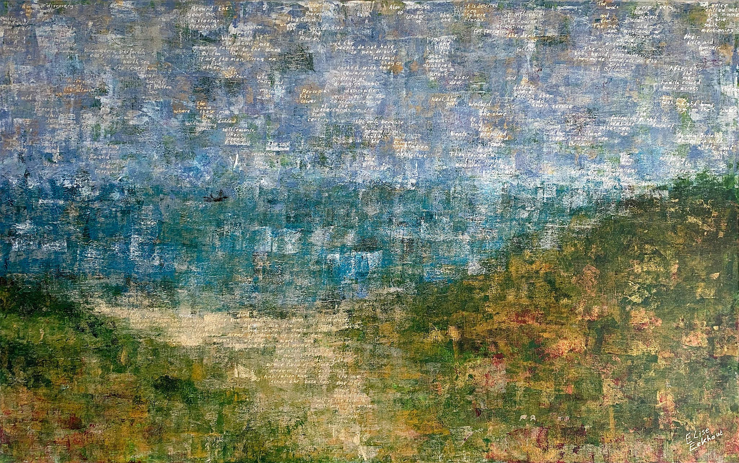 Abstract landschap schilderij van Elise Eekhout met kleurrijke texturen en harmonie tussen aarde en lucht