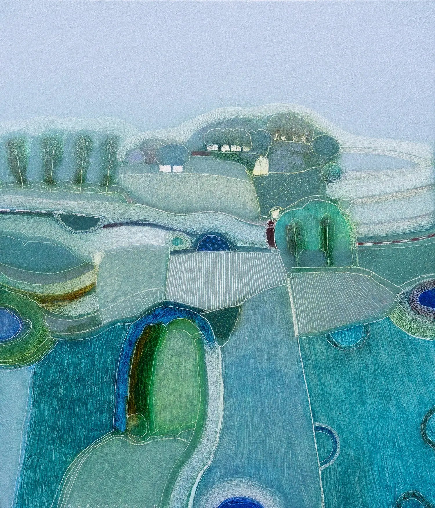 Abstract landschap schilderij van Rob van Hoek met kleurrijke, weidse natuur en unieke vormen