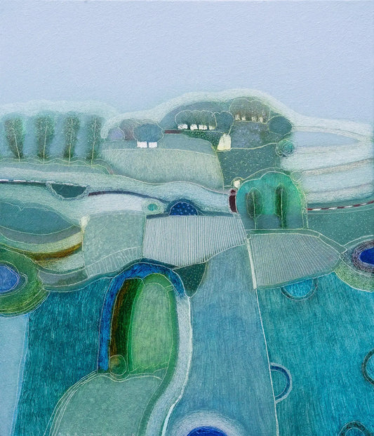 Abstract landschap schilderij van Rob van Hoek met kleurrijke, weidse natuur en unieke vormen