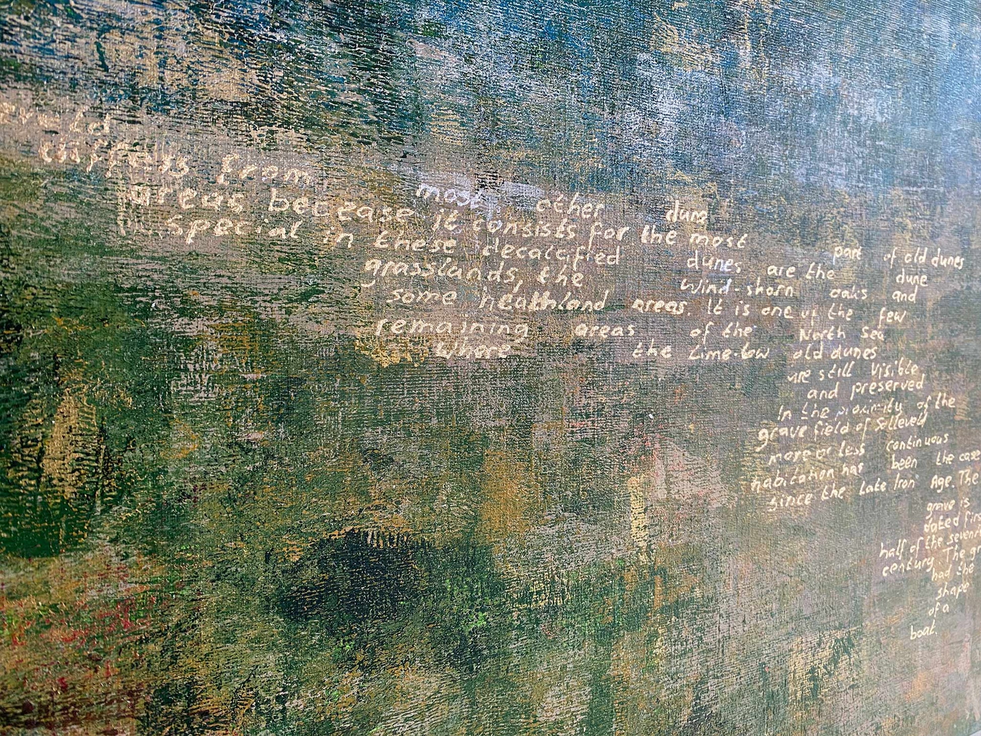 Abstract landschap schilderij van Elise Eekhout met unieke tekst en kleuren voor moderne wanddecoratie