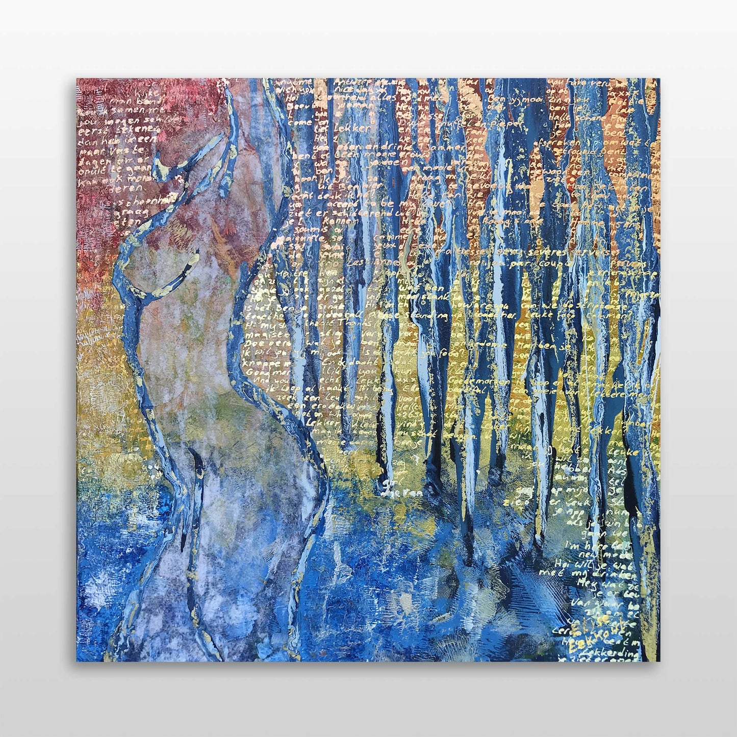 Abstract schilderij blauw geel met dynamische vormen en tekstdetails voor moderne kunstliefhebbers