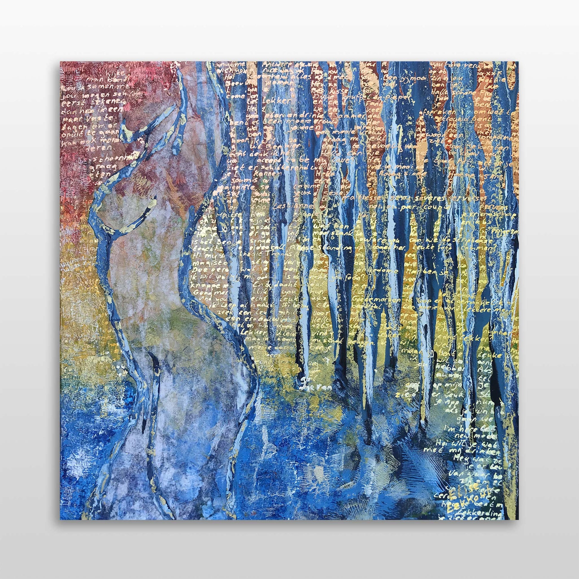 Abstract schilderij blauw geel met dynamische vormen en tekstdetails voor moderne kunstliefhebbers