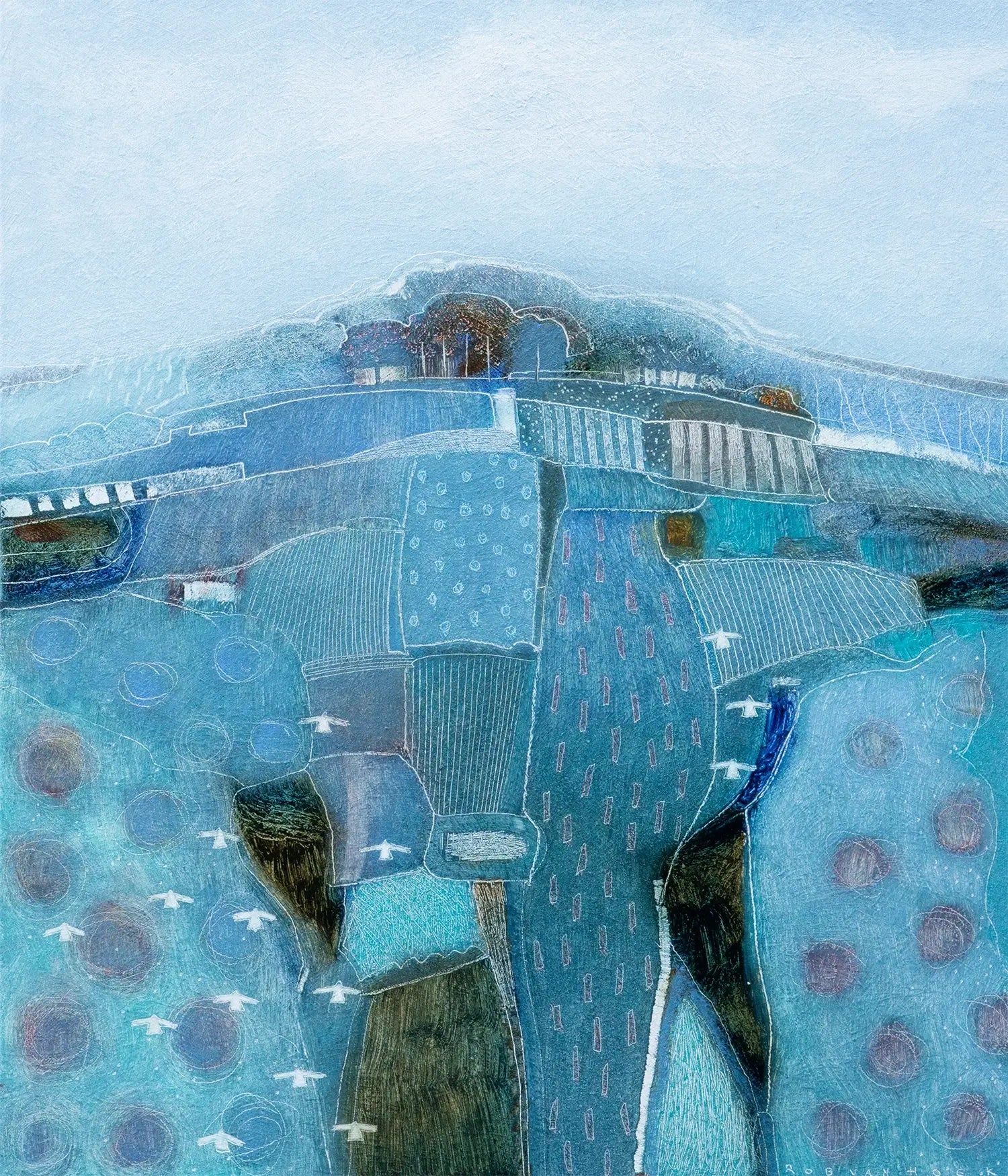 Abstract schilderij van Rob van Hoek met een kleurrijke landschapsteen in koele tinten