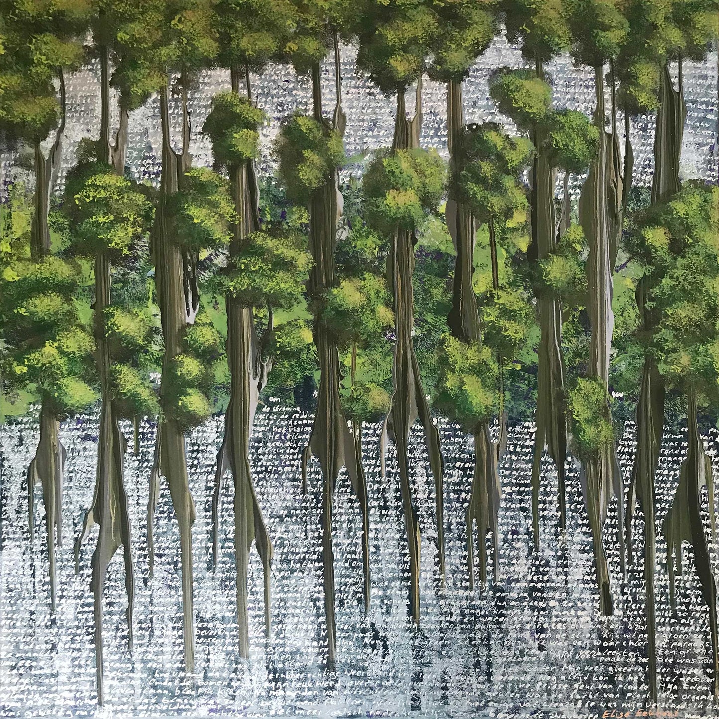 Modern abstract schilderij van bomen met levendige kleuren en texturen in een natuurlijke omgeving