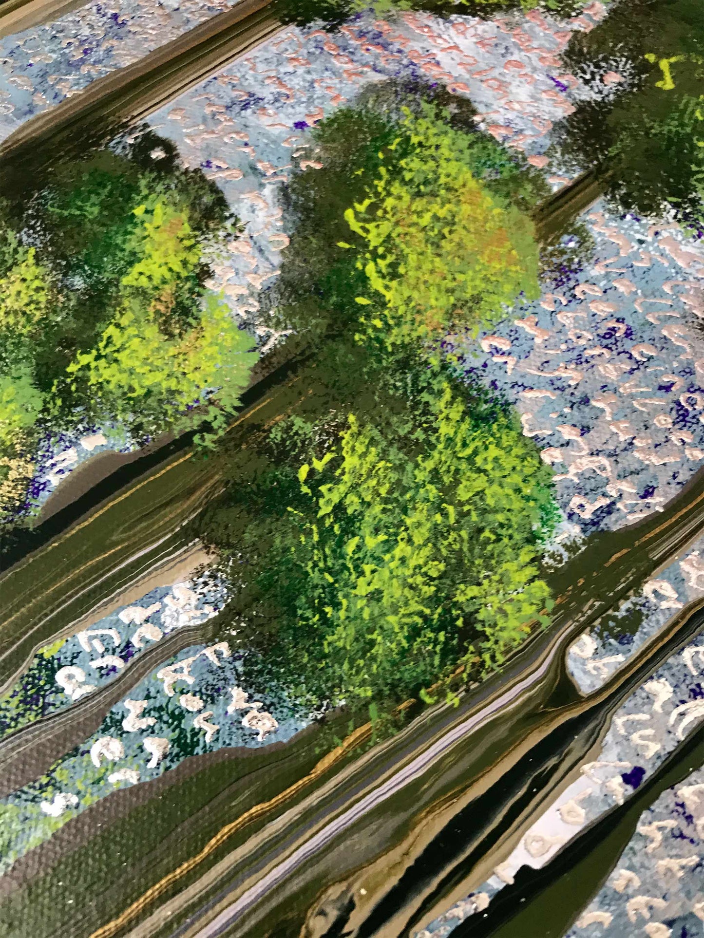 Kleurrijk abstract schilderij van bomen en lijnen in levendige tinten door Elise Eekhout