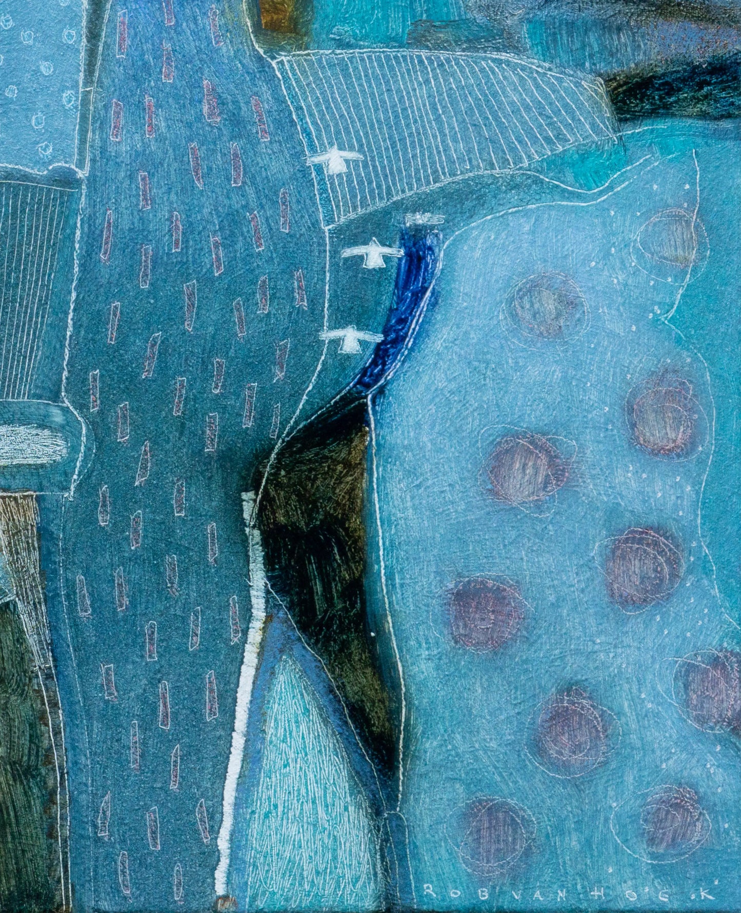 Abstract schilderij van Rob van Hoek met blauwe en groene tonen en fijne patronen