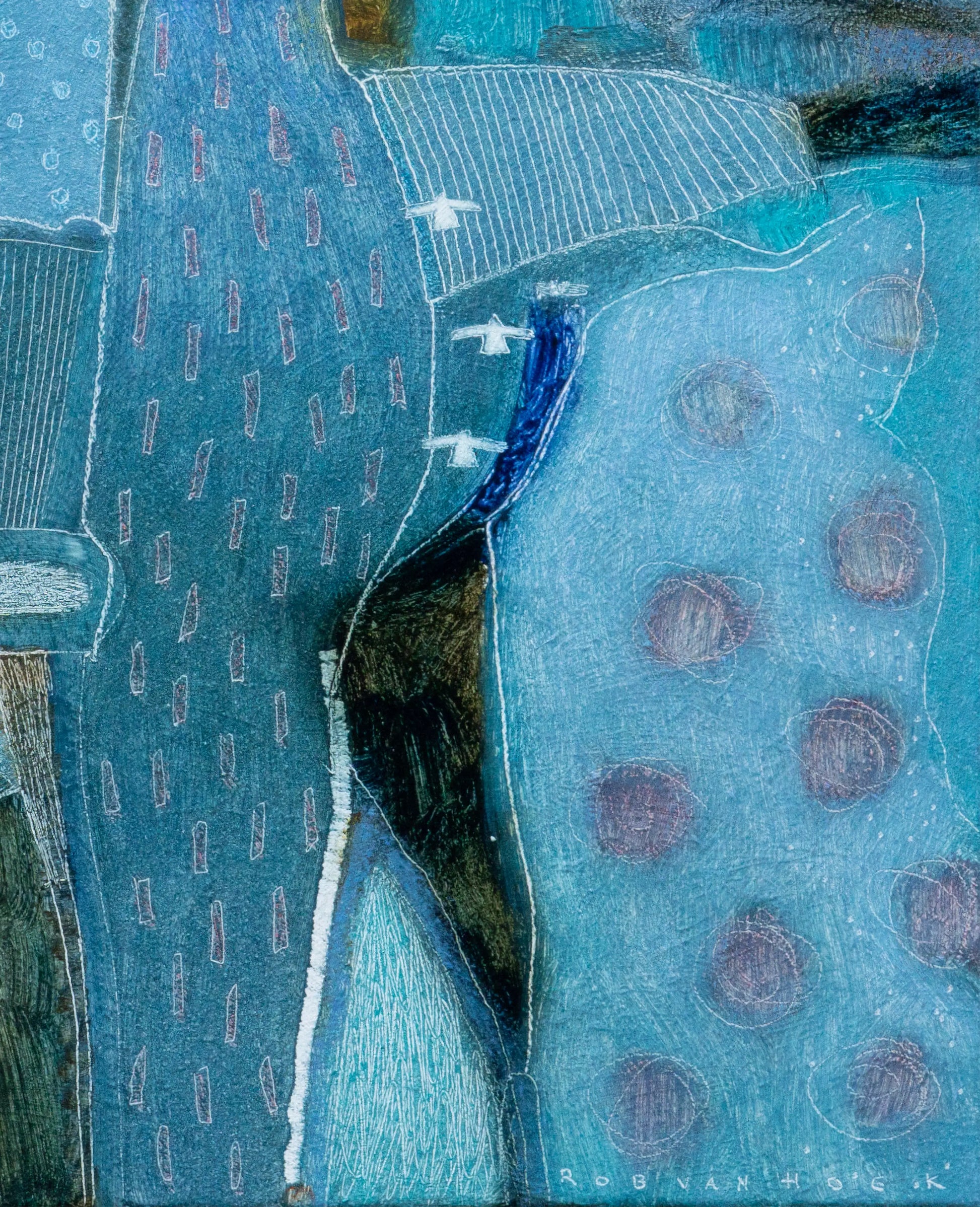 Abstract schilderij van Rob van Hoek met blauwe en groene tonen en fijne patronen