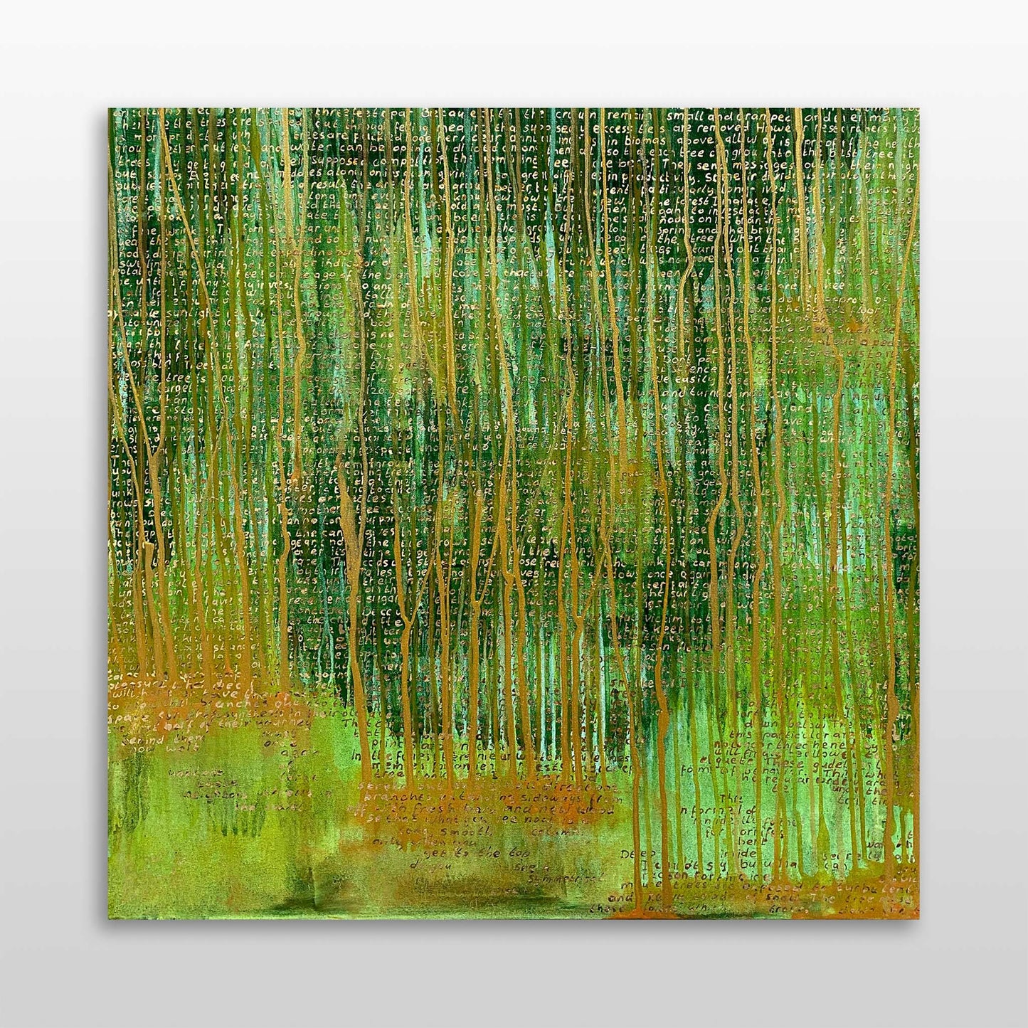 Abstract schilderij van groene en gouden lijnen met een moderne artistieke uitstraling