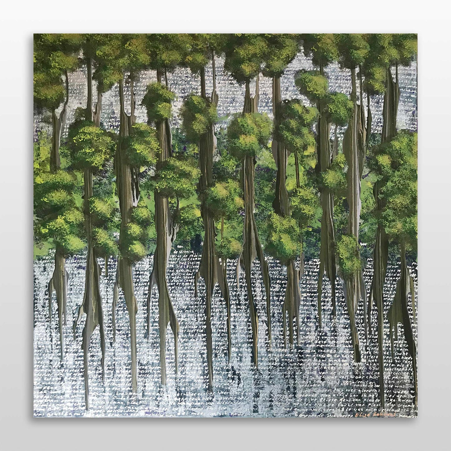 Abstract schilderij van bos met groen en reflecties in water, door Elise Eekhout