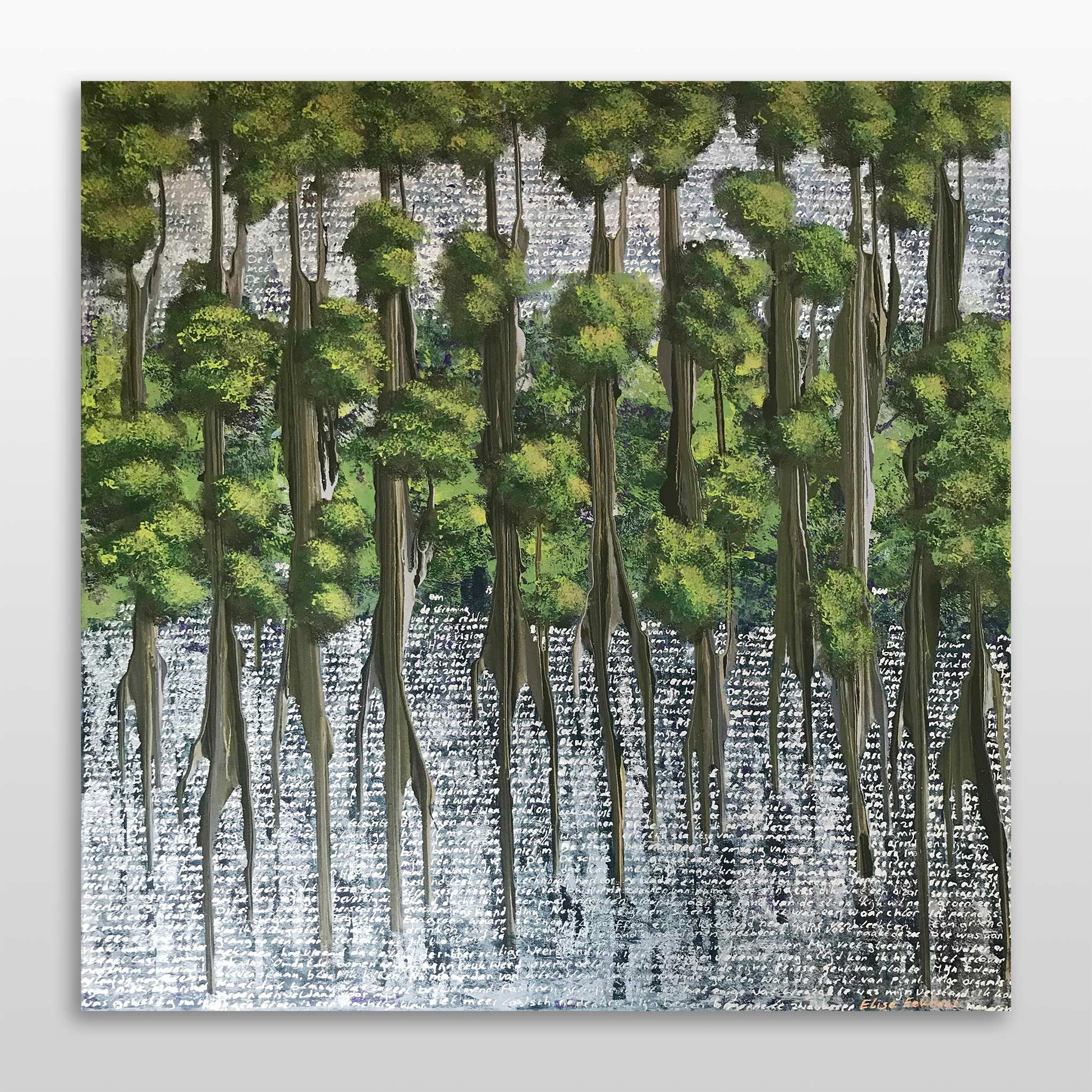 Abstract schilderij van bos met groen en reflecties in water, door Elise Eekhout