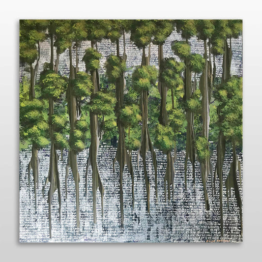 Abstract schilderij van bos met groen en reflecties in water, door Elise Eekhout