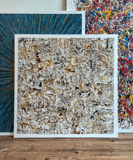 Abstract schilderij Indian summer met rijke texturen en aardse kleuren van Atelier58