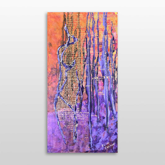 Abstract schilderij van Elise Eekhout in levendige paarse en oranje kleuren met organische vormen