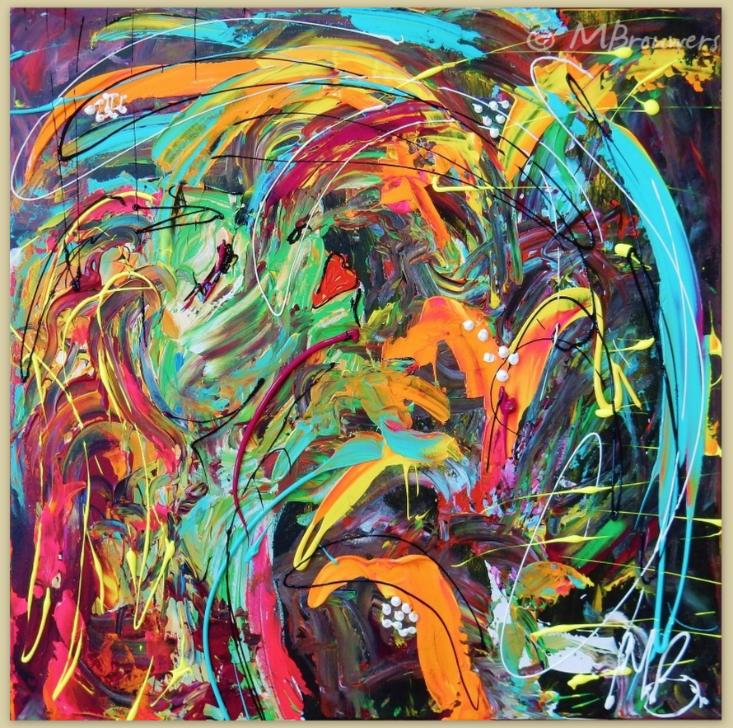 Kleurrijk abstract schilderij kopen van Marieke Brouwers met dynamische lijnen en levendige kleuren