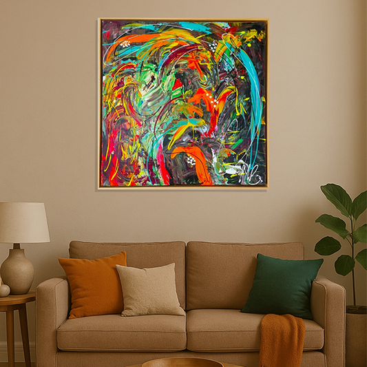 Abstract schilderij kopen kleurrijk modern kunstwerk van Art by Marieke Brouwers boven beige bank