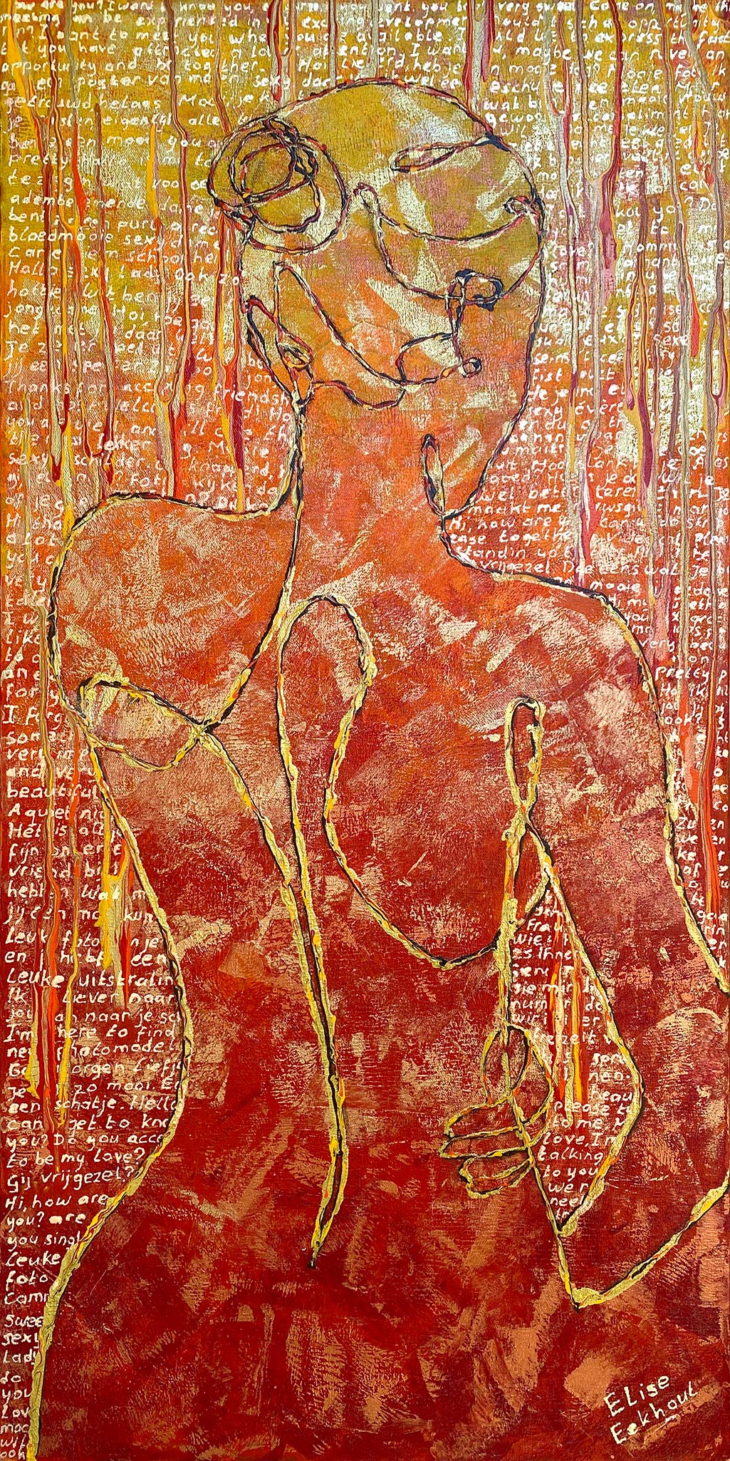 Abstract schilderij van een vrouw in warme kleuren met tekstachtergrond door Elise Eekhout
