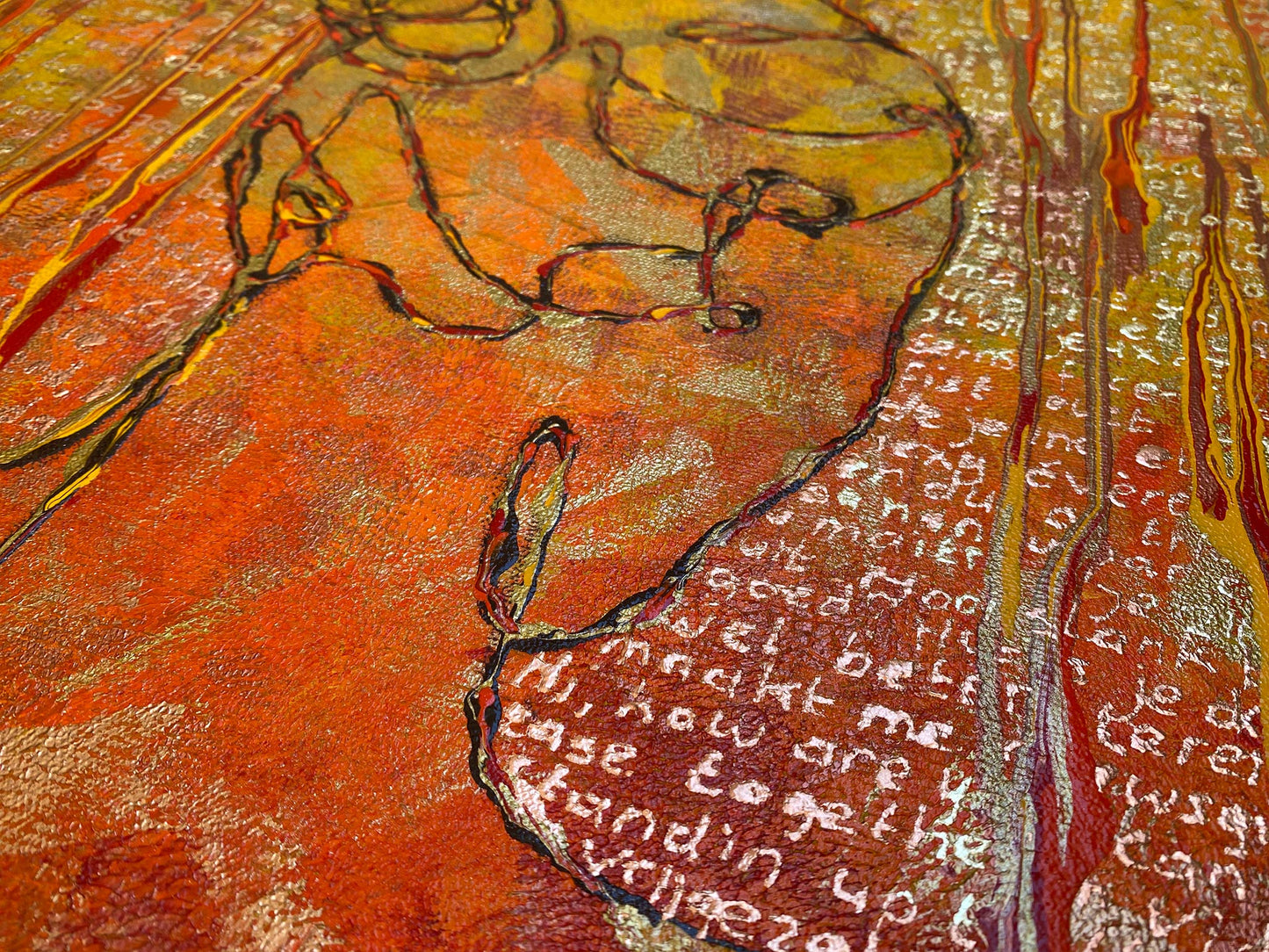 Abstract schilderij van Elise Eekhout met levendige kleuren en tekstachtige patronen