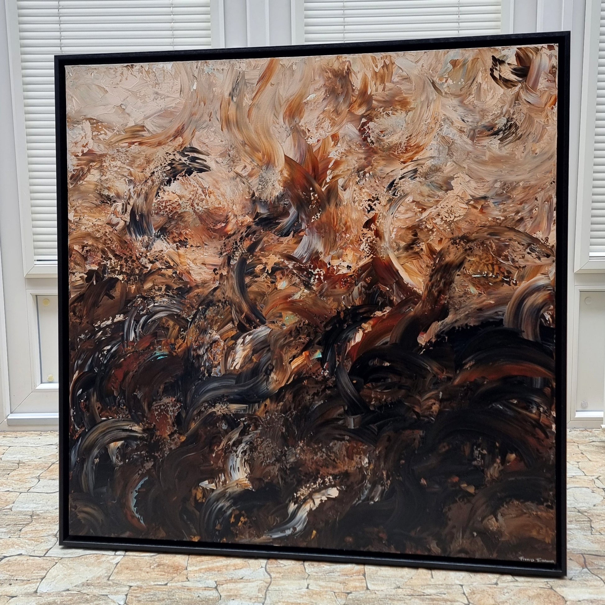 Abstract schilderij Viggo 08 met aardetinten en zwarte accenten, modern kunstwerk door Frances Eckhardt