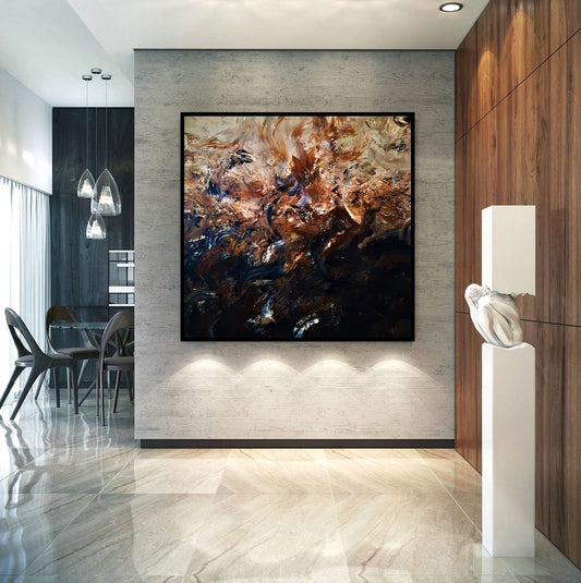 Abstract schilderij Viggo 08 van Frances Eckhardt met warme en donkere kleuren in moderne woonkamer