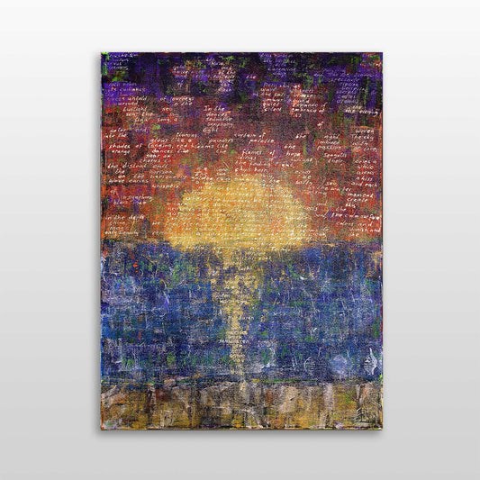 Abstract schilderij van een zonsondergang met levendige kleuren en textuur voor moderne interieurdecoratie