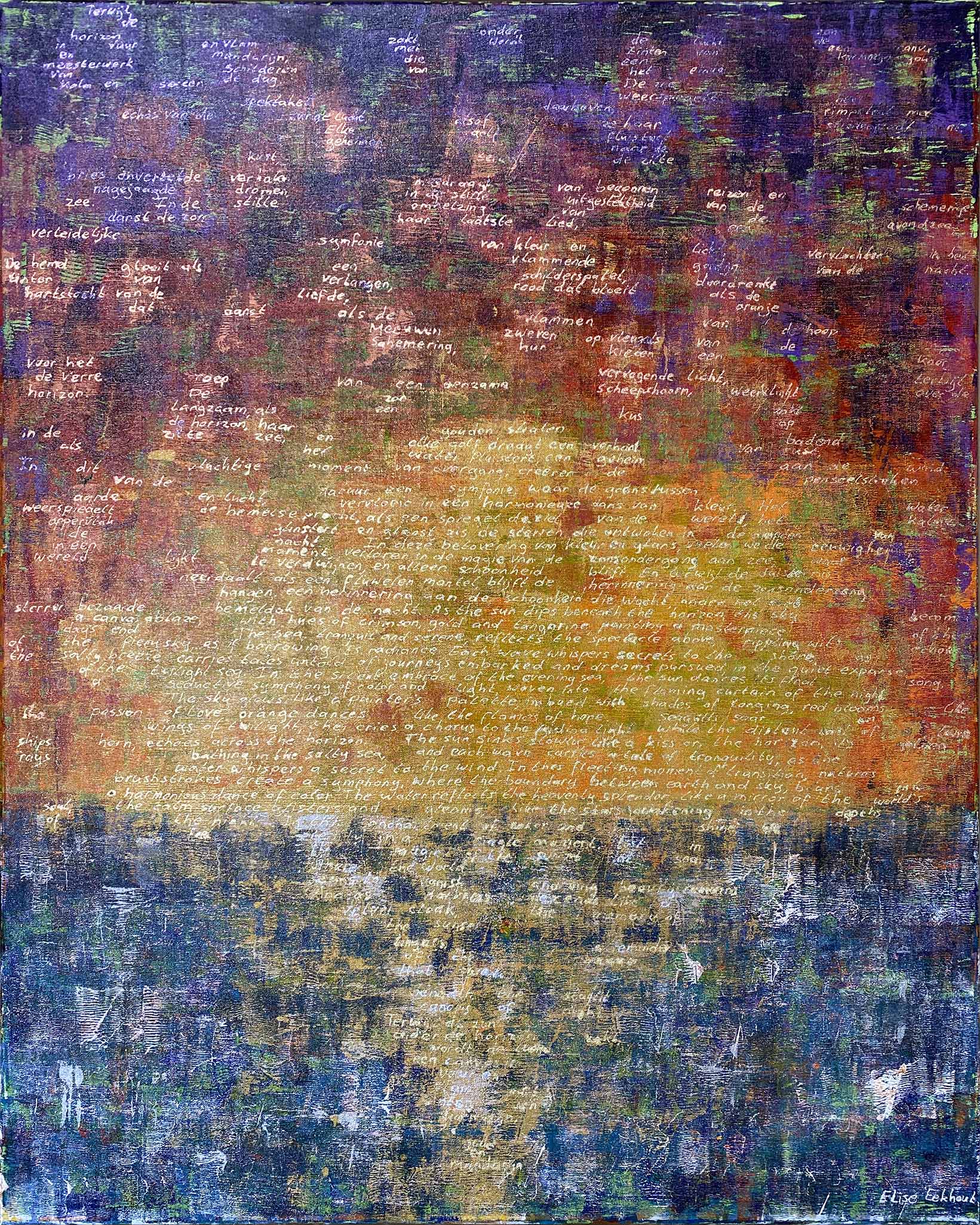 Abstract schilderij zonsondergang met kleurrijke tinten en tekstdetails voor een moderne inrichting