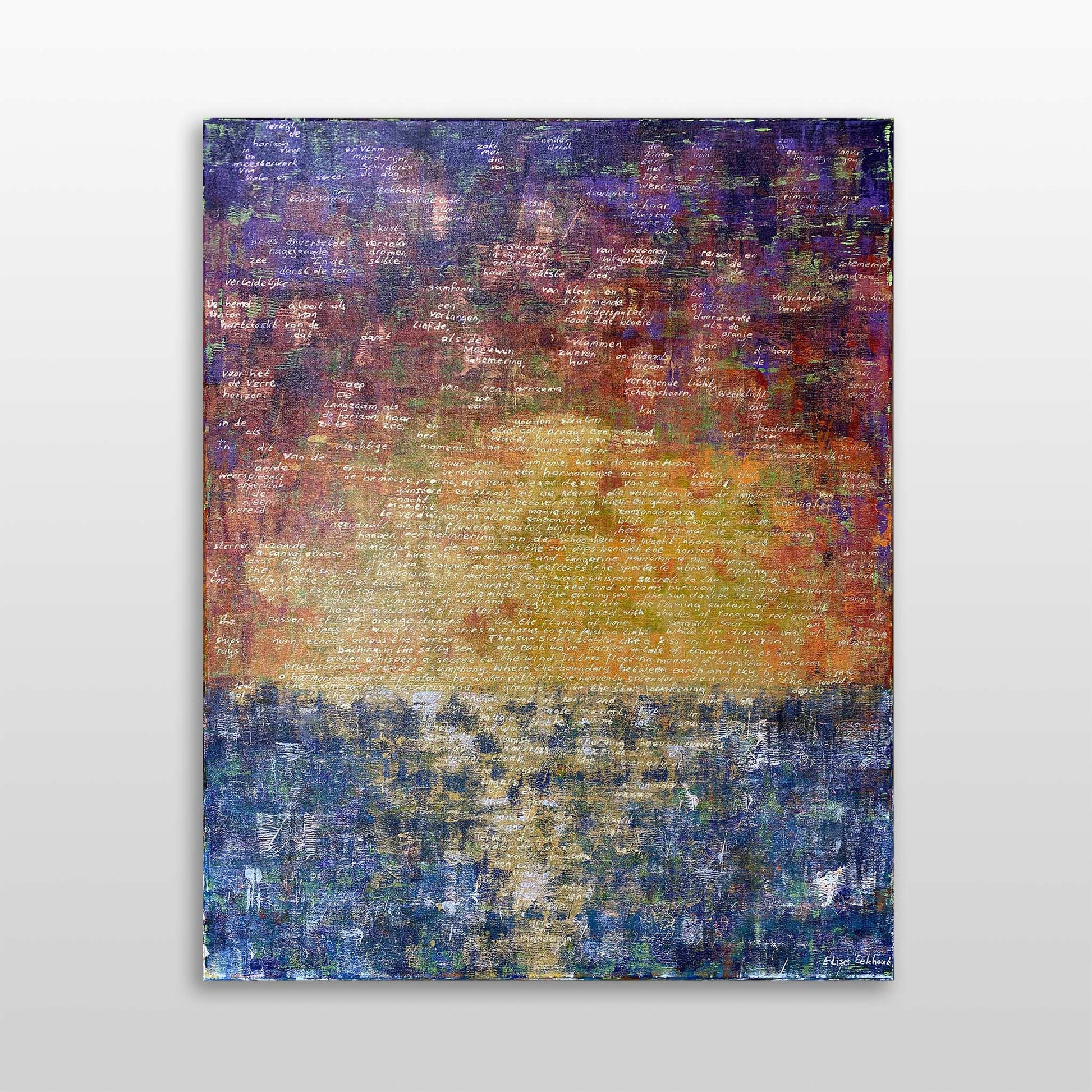 Abstract schilderij zonsondergang met levendige kleuren en textuur in unieke artistieke stijl