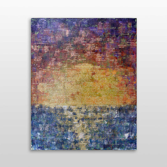 Abstract schilderij zonsondergang met levendige kleuren en textuur in unieke artistieke stijl