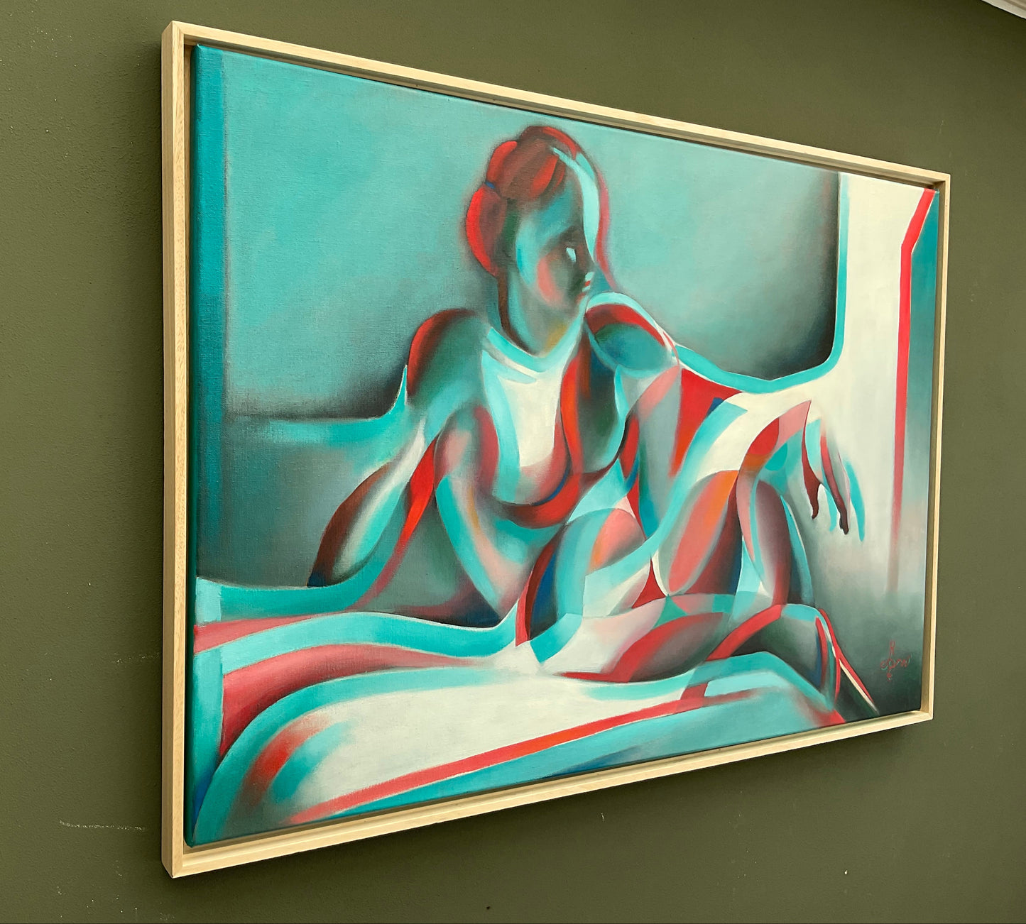 Modern schilderij van Corné Akkers in anaglyphical roundism met een vrouwelijk figuur in turquoise en roodtinten