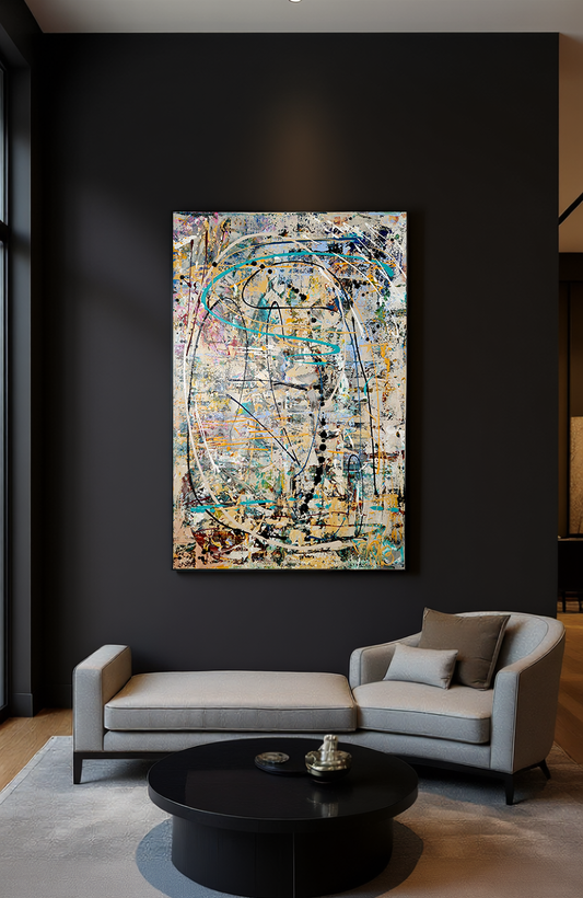 Abstract schilderijen door Marieke Brouwers als groot doek aan donkere muur boven moderne chaise longue in woonkamer