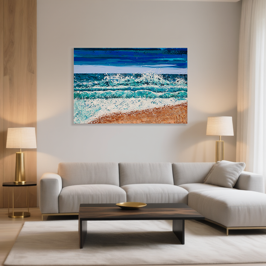 oceaan schilderij door Art by Marieke Brouwers met ruwe golven en zandtextuur boven een beige bank in moderne woonkamer