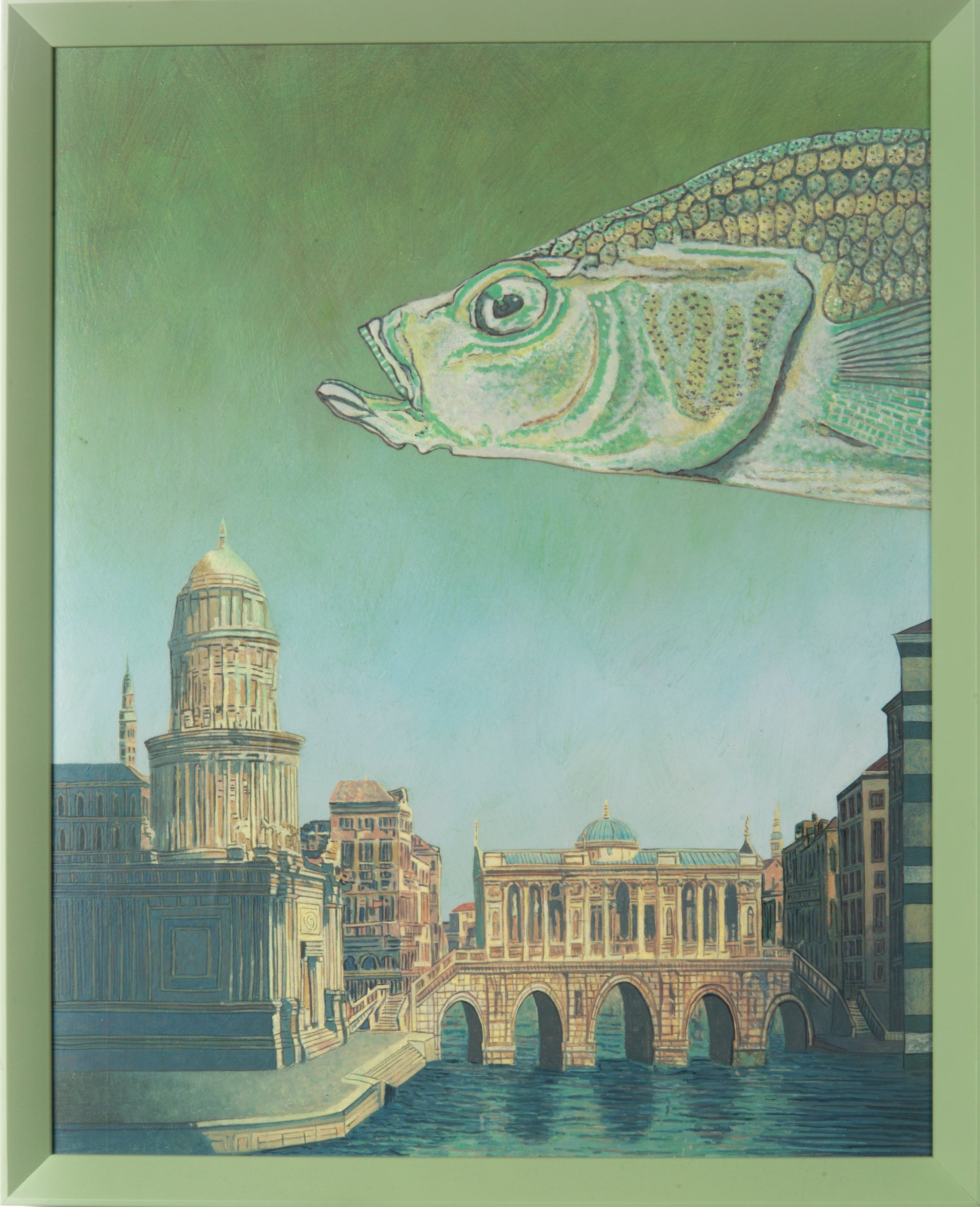 Annemarie Petri Atlantis schilderij met een grote vis en een stad in een groene tint