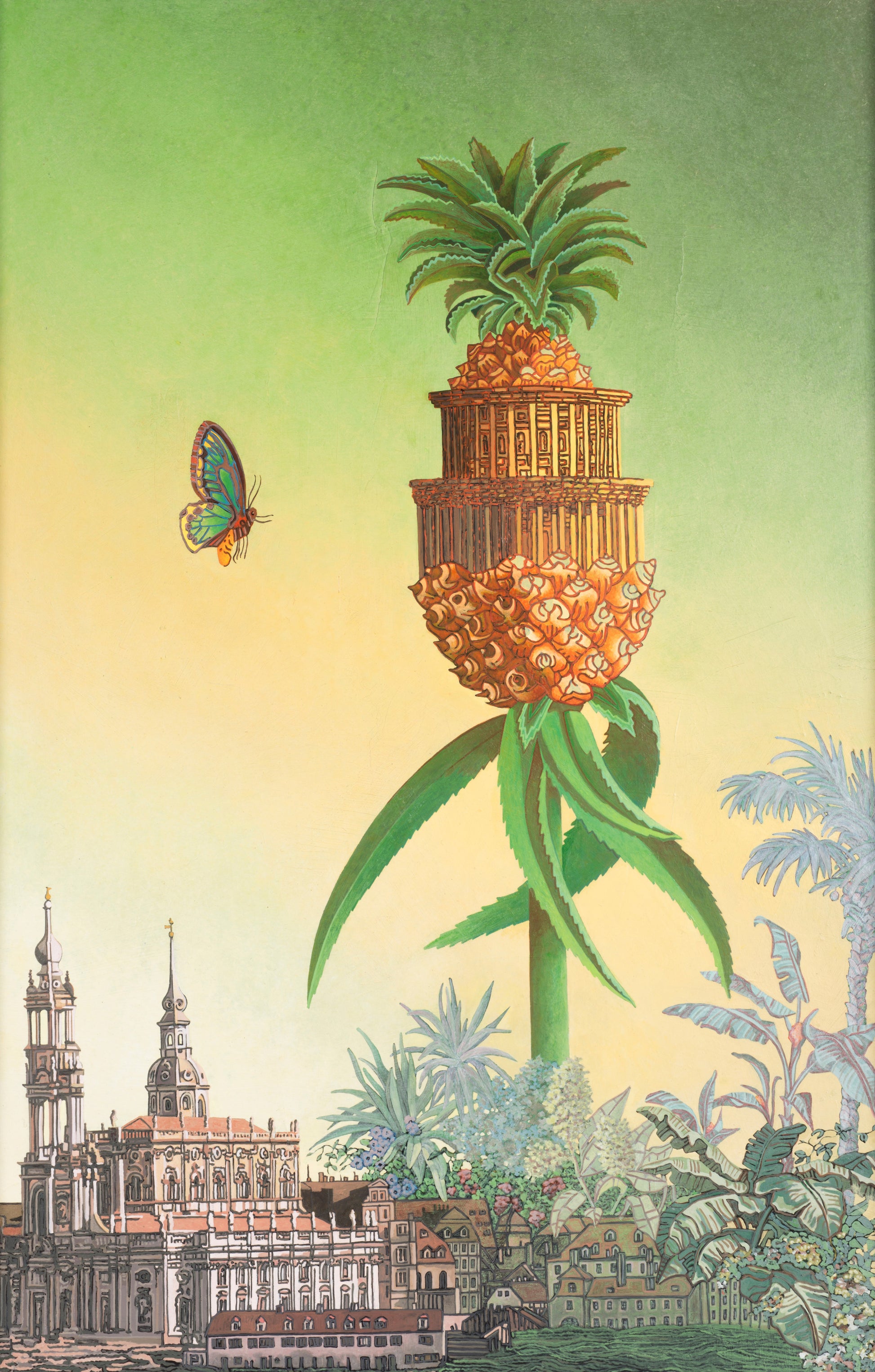 Botanische kunst schilderij met ananas en kleurrijke vlinder op een groene achtergrond