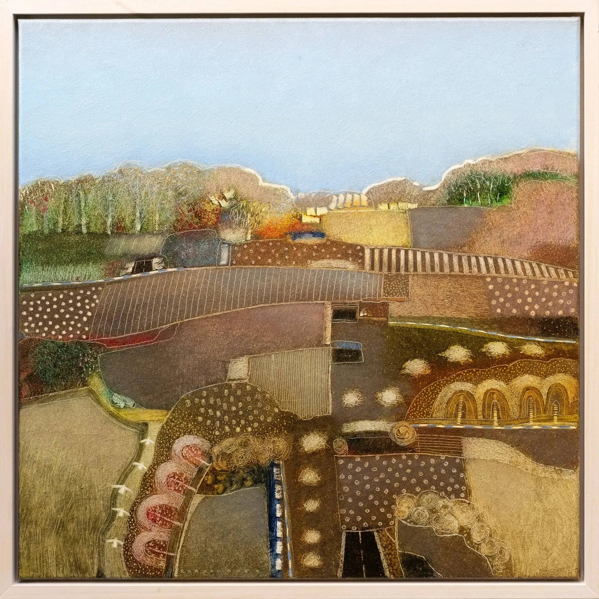 Schilderij van Rob van Hoek met kleurrijke landschappen en een helder blauwe lucht, The cloudless blue sky