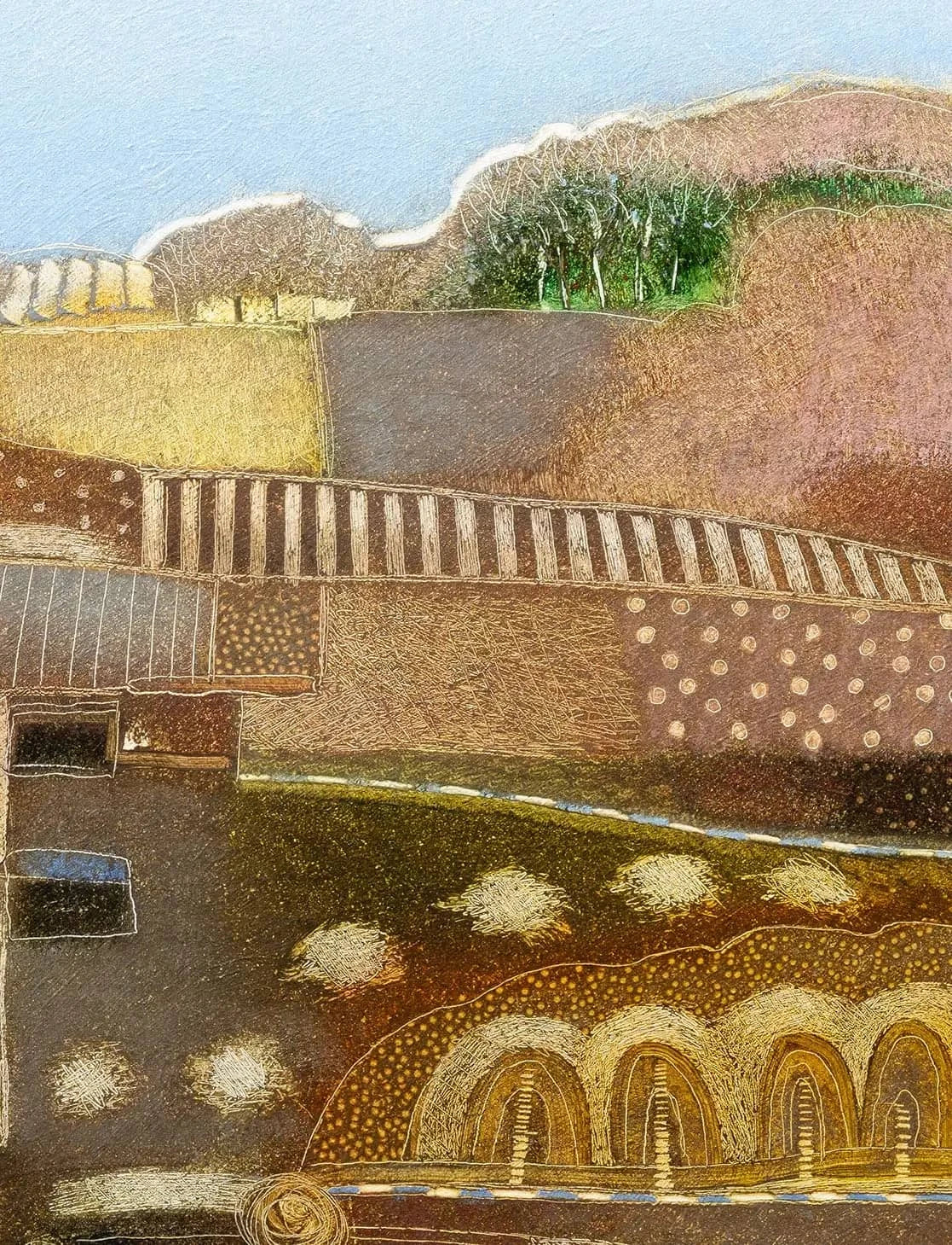 Kleurvol schilderij van een landschap met de wolkeloze blauwe lucht in de achtergrond van Rob van Hoek