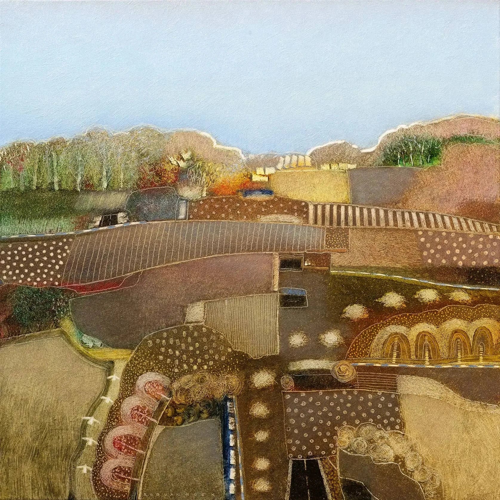 Schilderij van een landschap met een wolkenloze blauwe lucht door Rob van Hoek