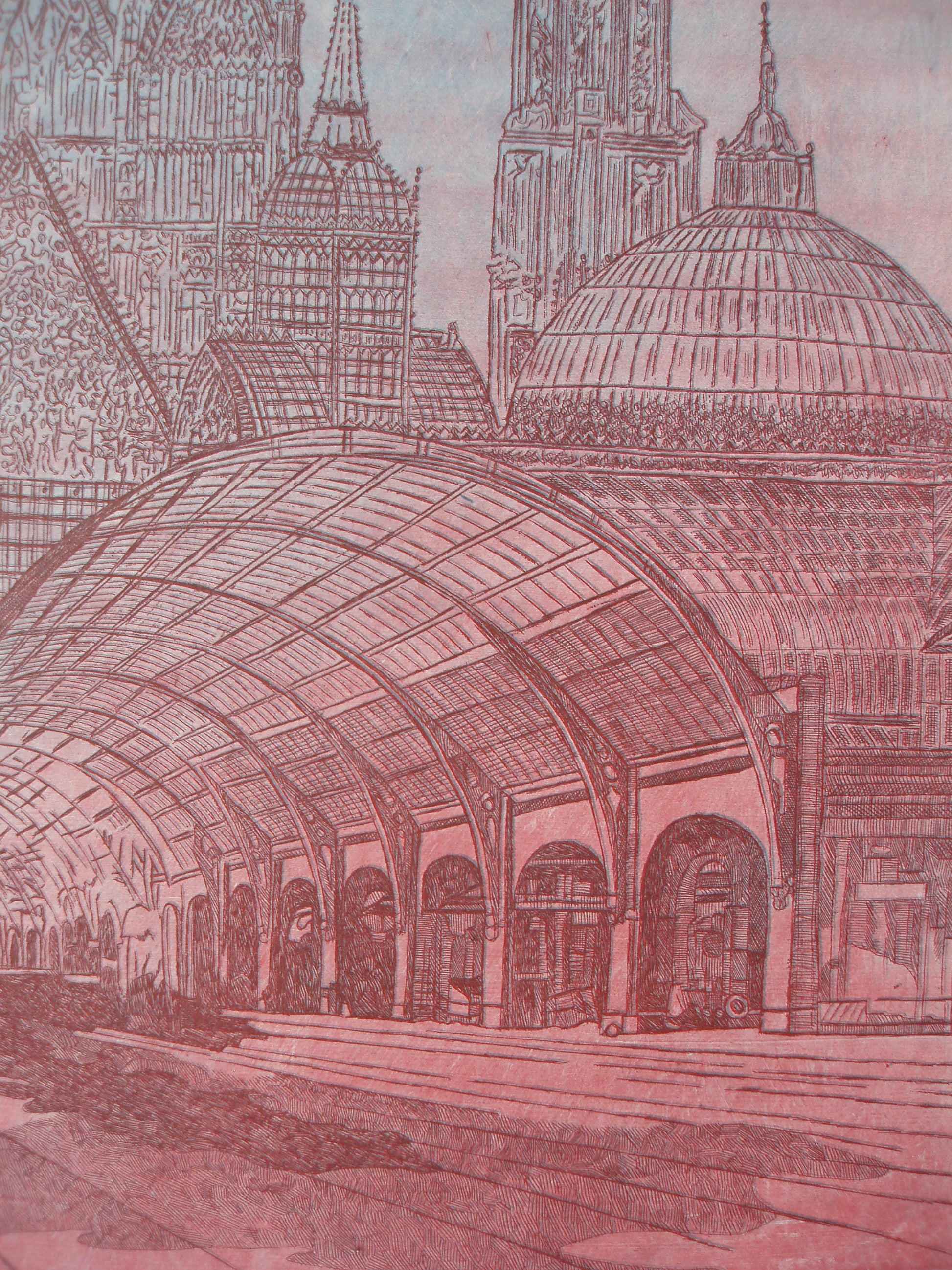 Ets van Annemarie Petri met het kunstwerk De glazen stad in roze en grijstinten