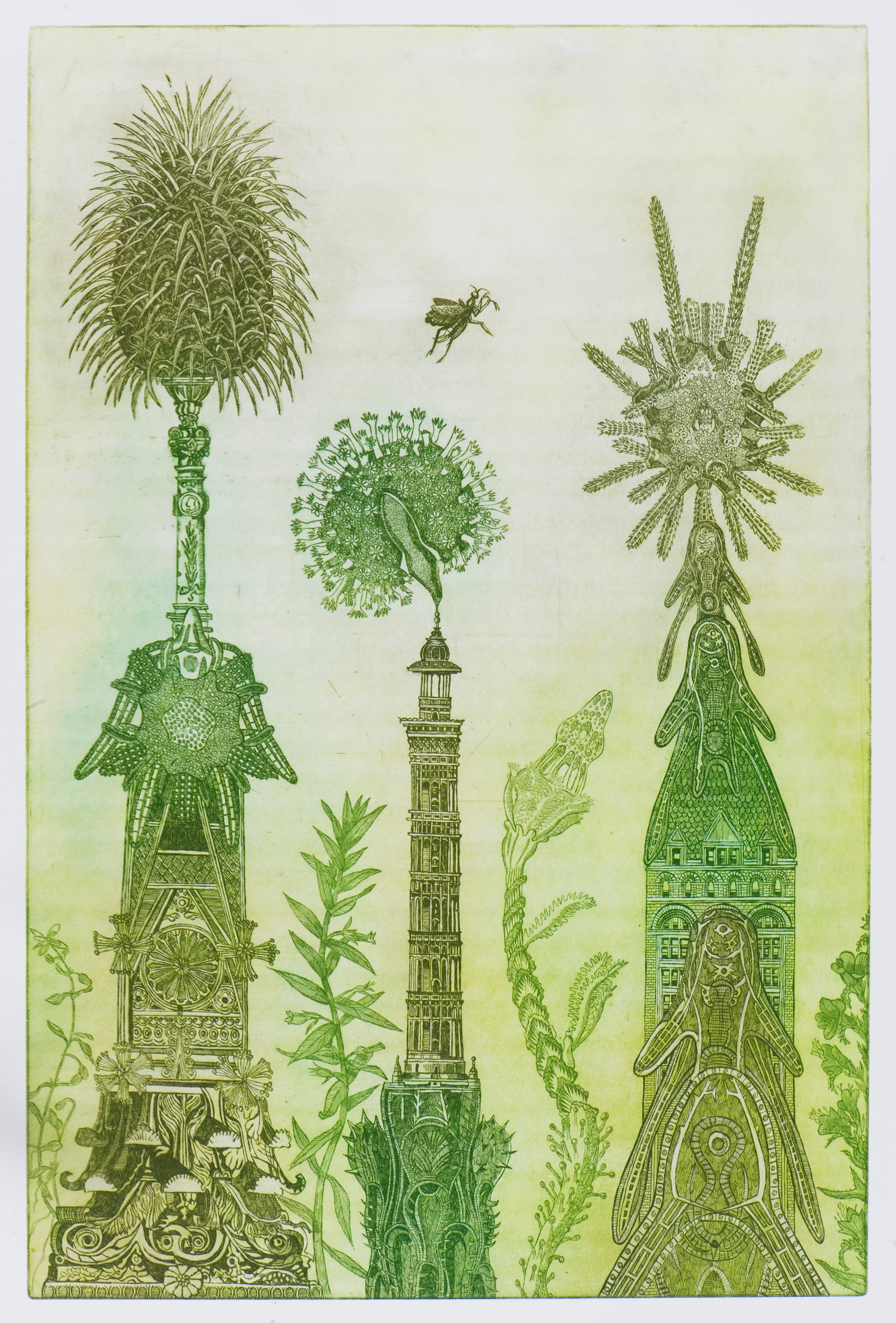 Ets van Annemarie Petri met als titel De groene stad kunstwerk in groene en gele tinten