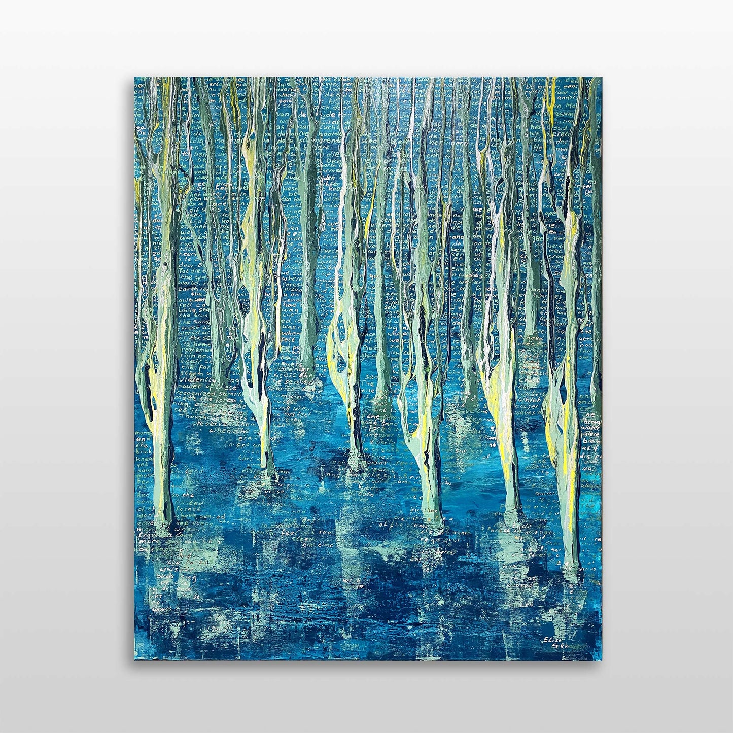 Schilderij van Elise Eekhout met het thema drowned forest in levendige blauwe en gele tinten