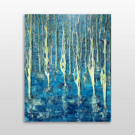 Schilderij van Elise Eekhout met het thema drowned forest in levendige blauwe en gele tinten