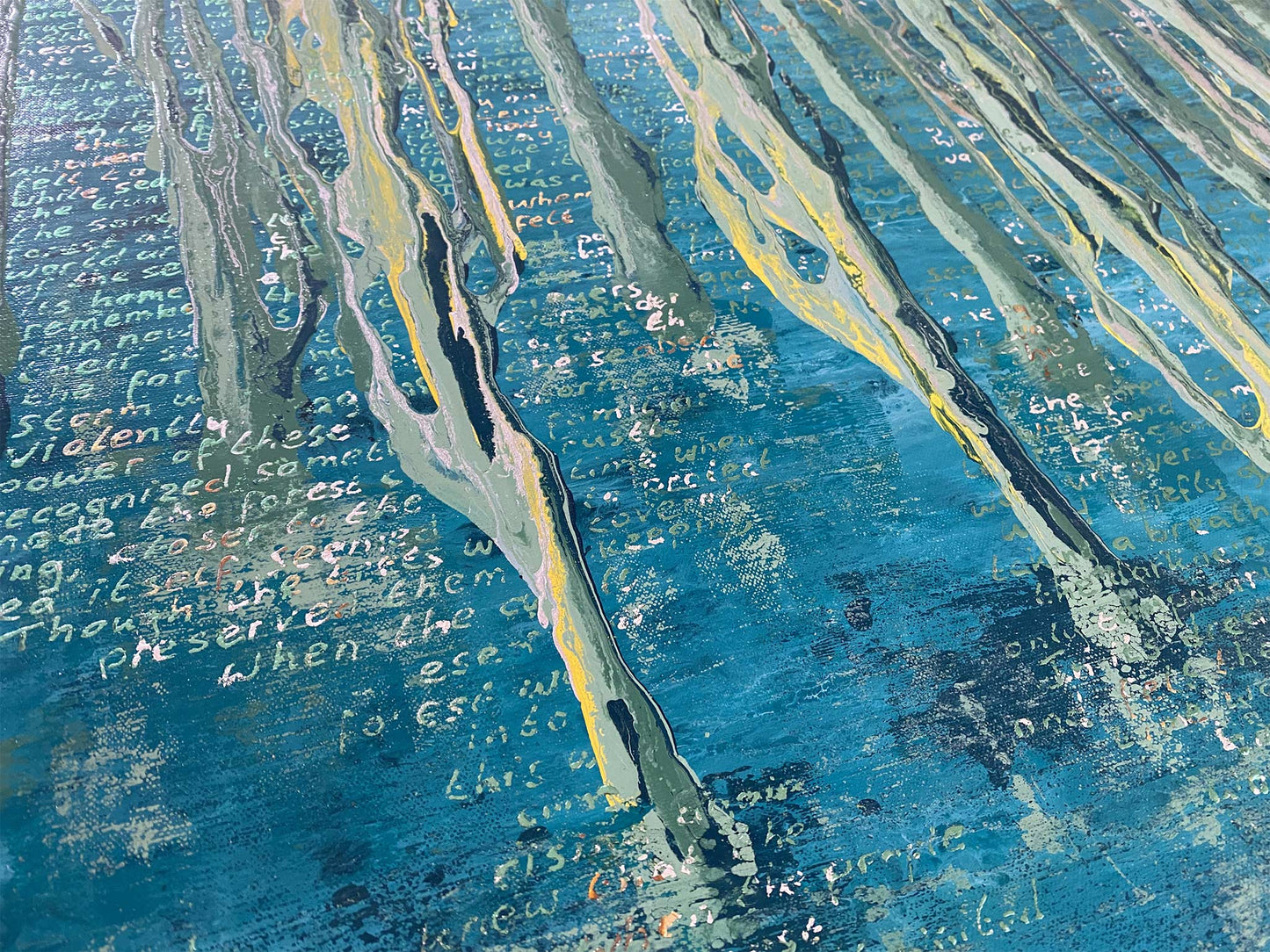 Schilderij van Elise Eekhout met een thema van drowned forest en abstracte texturen in blauwe tinten