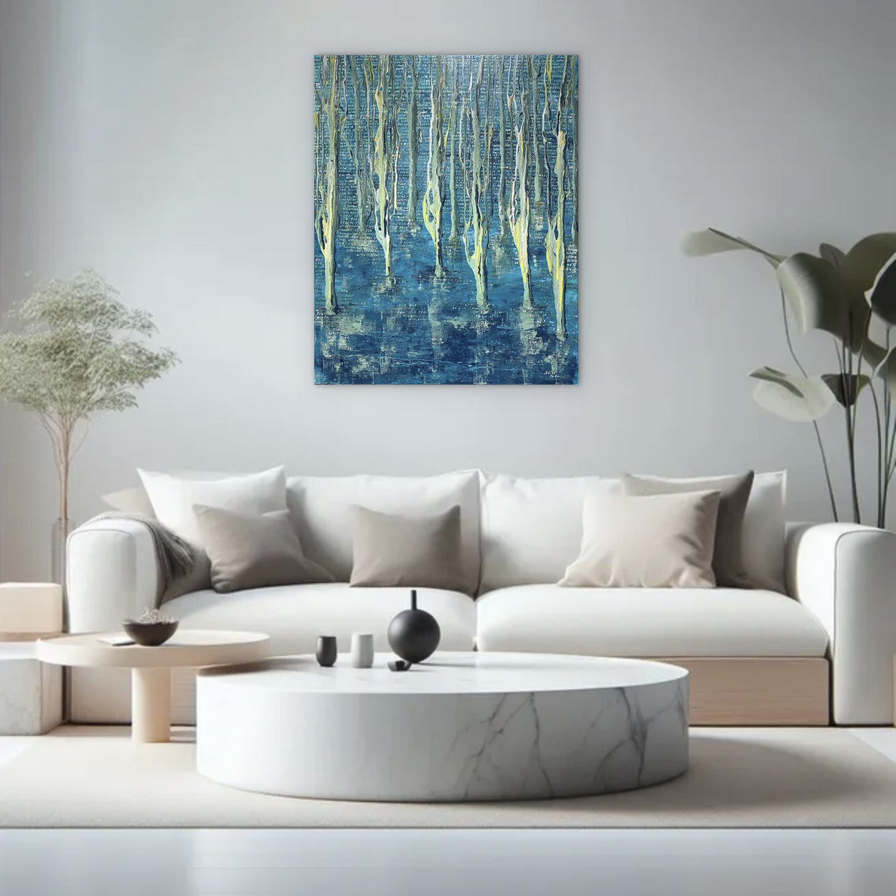 Schilderij van een verdronken woud in blauwe tinten, perfect voor moderne interieurs