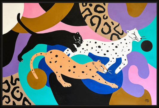 Kleurrijk Encounters 4.0 schilderij van Mariah Birsak met jaguars in abstracte stijl