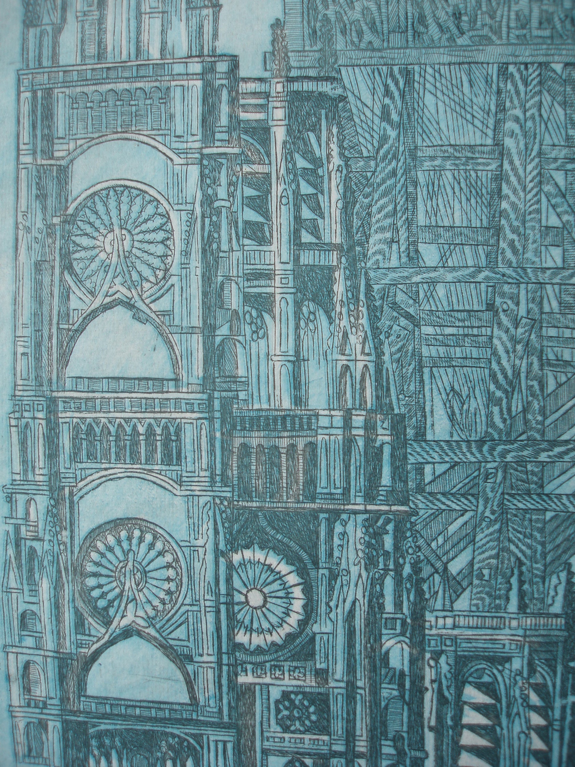 Kleurrijk ets kunstwerk van een gotische kathedraal met gedetailleerde architectuur en achtergrond