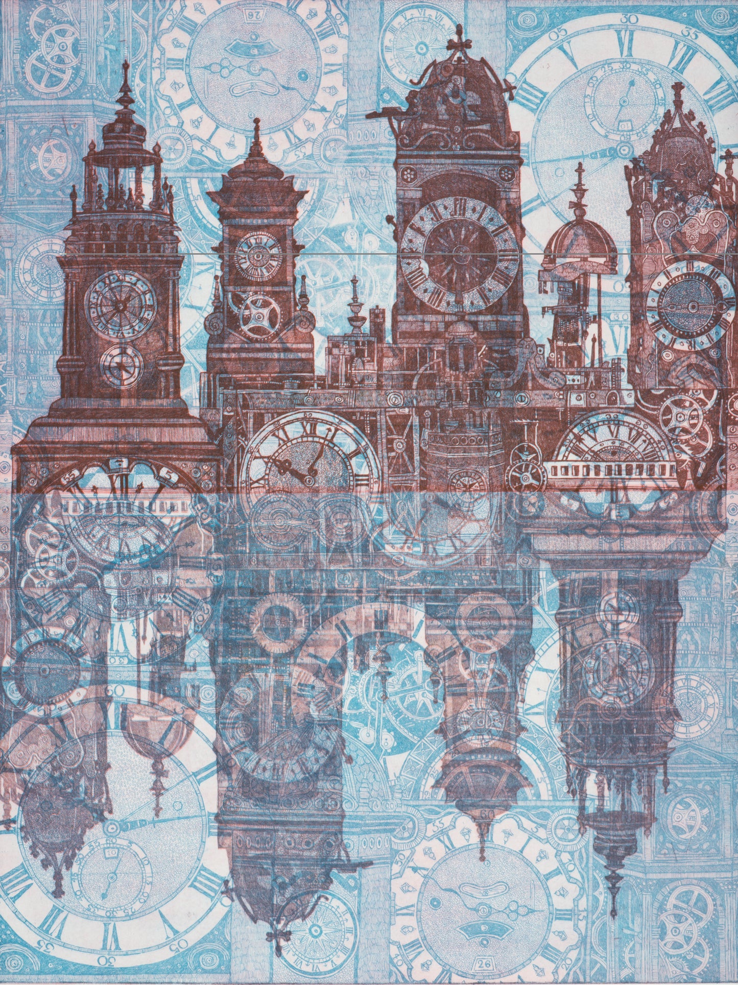 Ets kunstwerk van een silhouet van klokkentorens met kleurrijke achtergrond en reflecties