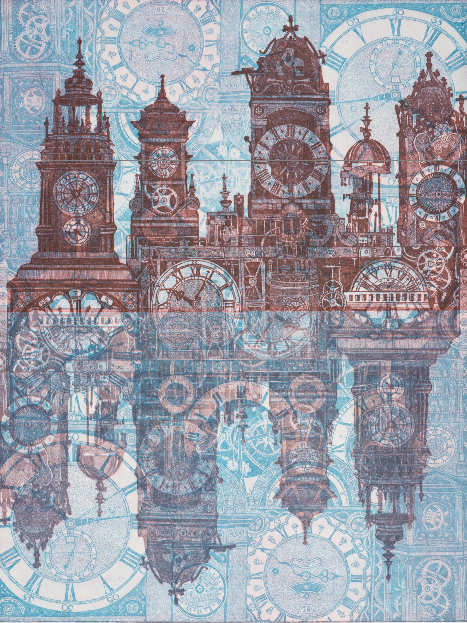 Ets kunstwerk van een silhouet van klokkentorens met kleurrijke achtergrond en reflecties