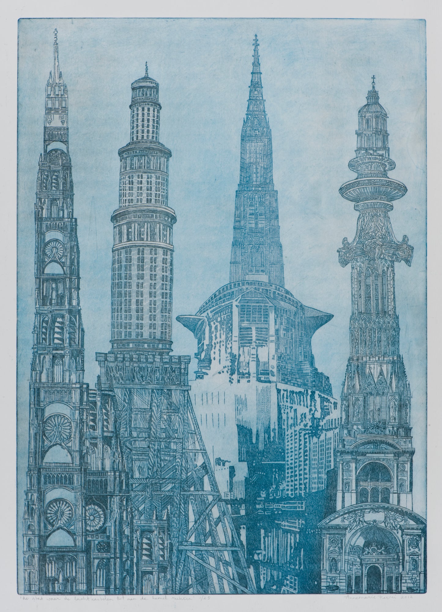 Ets kunstwerk van stedelijke architectuur met gedetailleerde torens in verschillende stijlen
